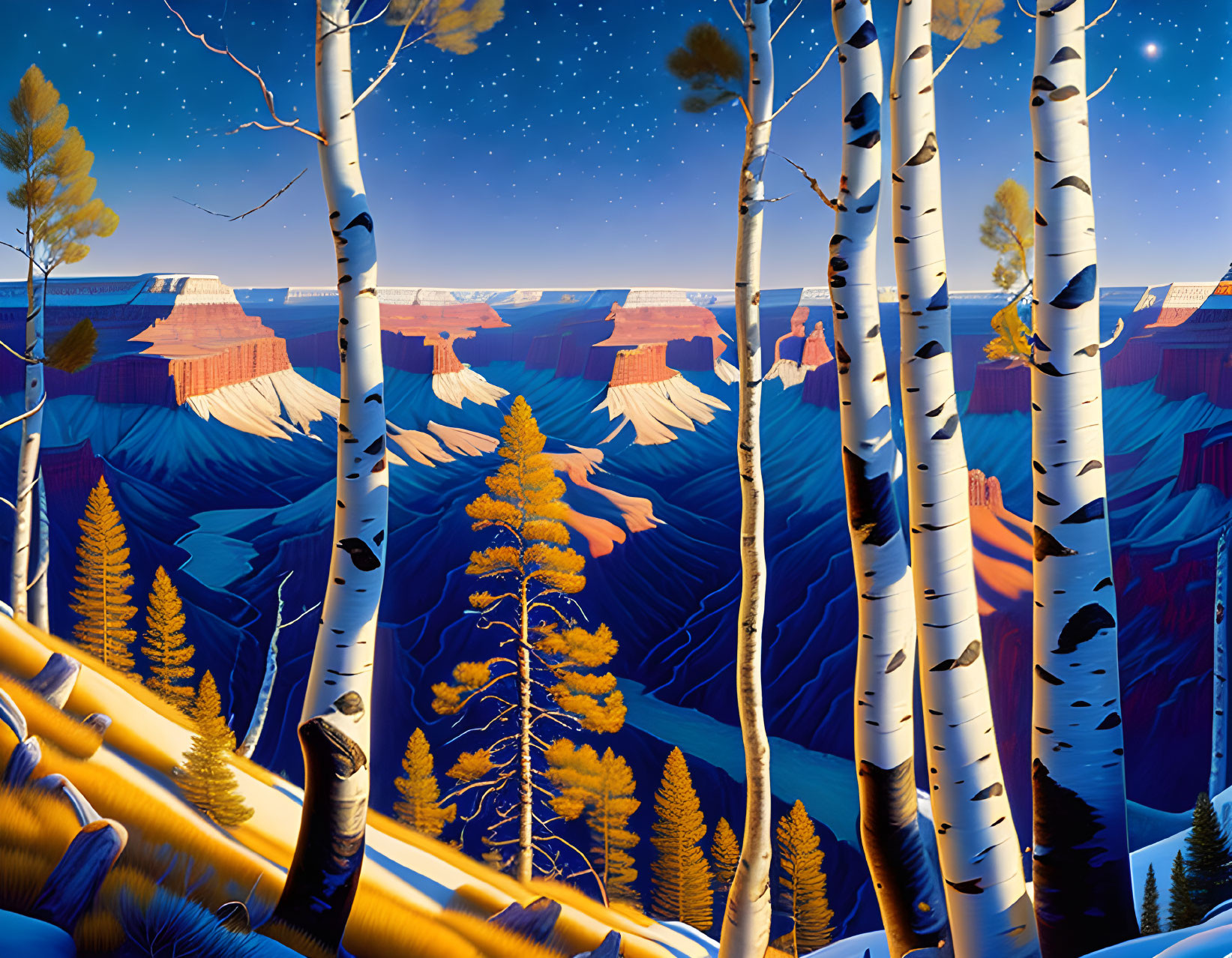 Night scene with white-barked trees and canyon mesas under starry sky