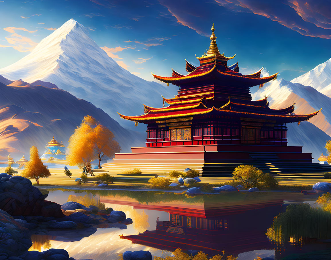 Traditional Asian Pagoda by Reflective Lake with Mountain Backdrop