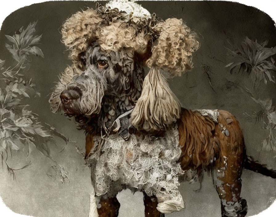 Illustration of poodle with ornate collar in vintage painting backdrop