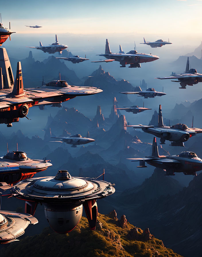 Futuristic aircraft fleet over mountain landscape at sunset