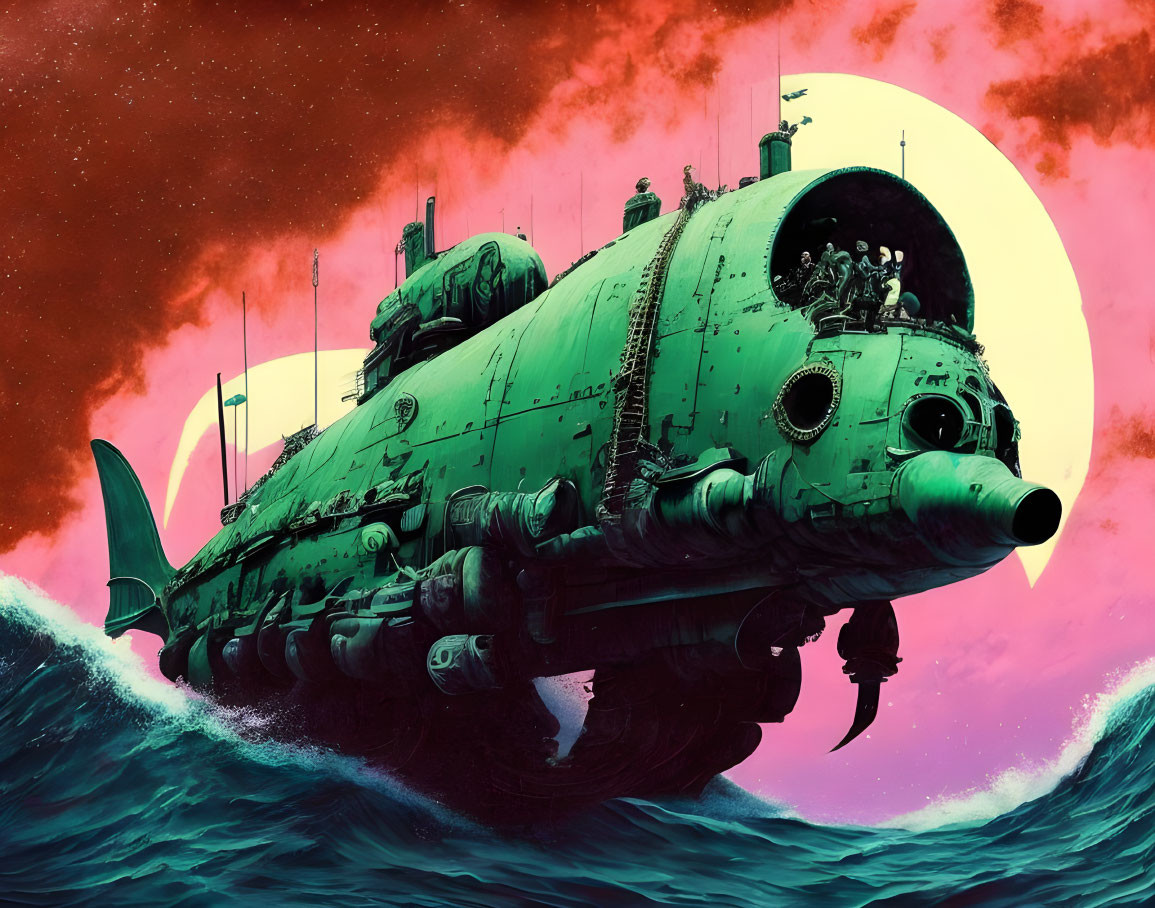 Fantastical fish-like submarine floating in crimson sky above sea