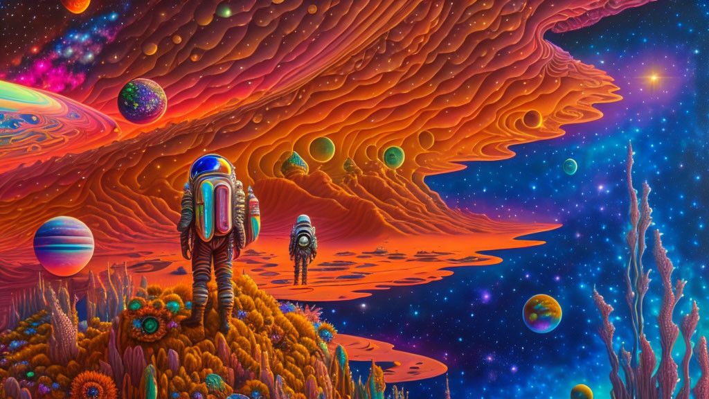 Psychedelic space scene: Astronauts explore alien landscape