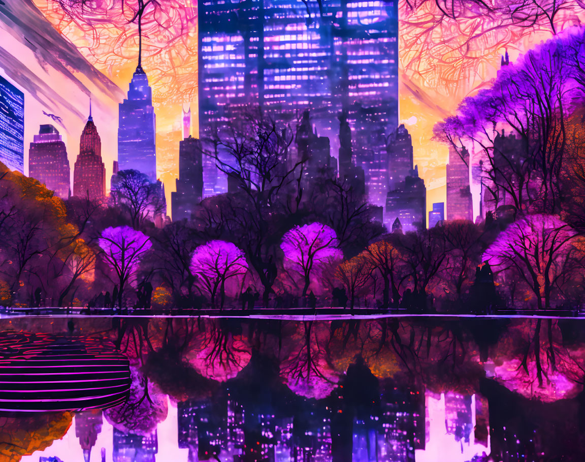 Vibrant neon city skyline at dusk with silhouetted trees reflected in water under purple and