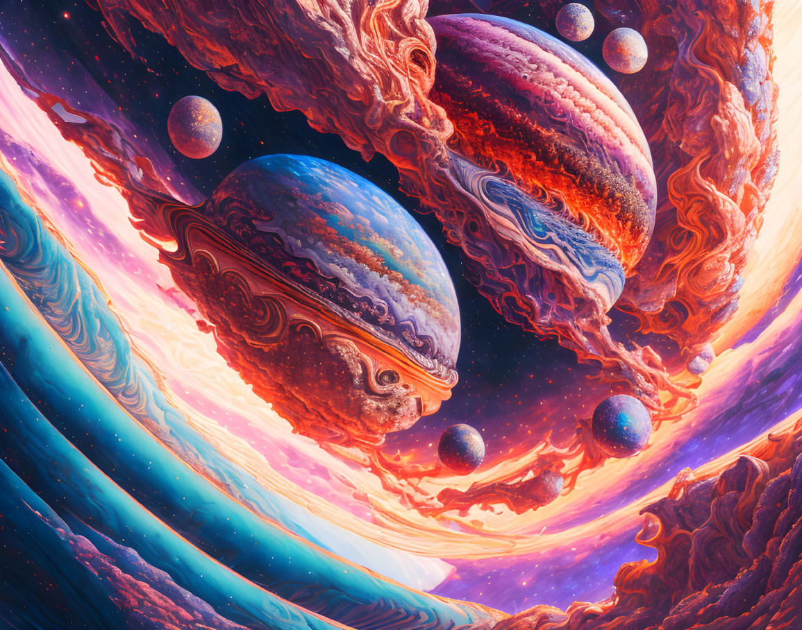 Colorful planets and swirling galaxies in vibrant cosmic scene