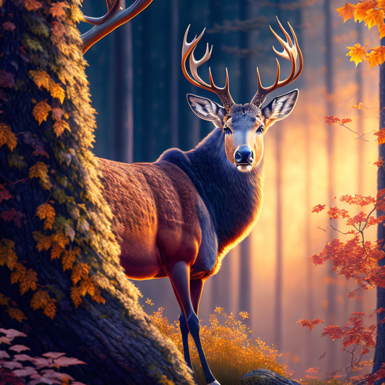 Majestic stag with large antlers in autumn forest landscape