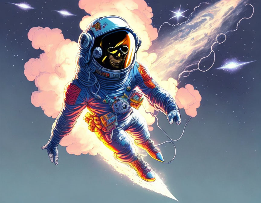 Astronaut with Pumpkin Helmet Riding Comet in Space