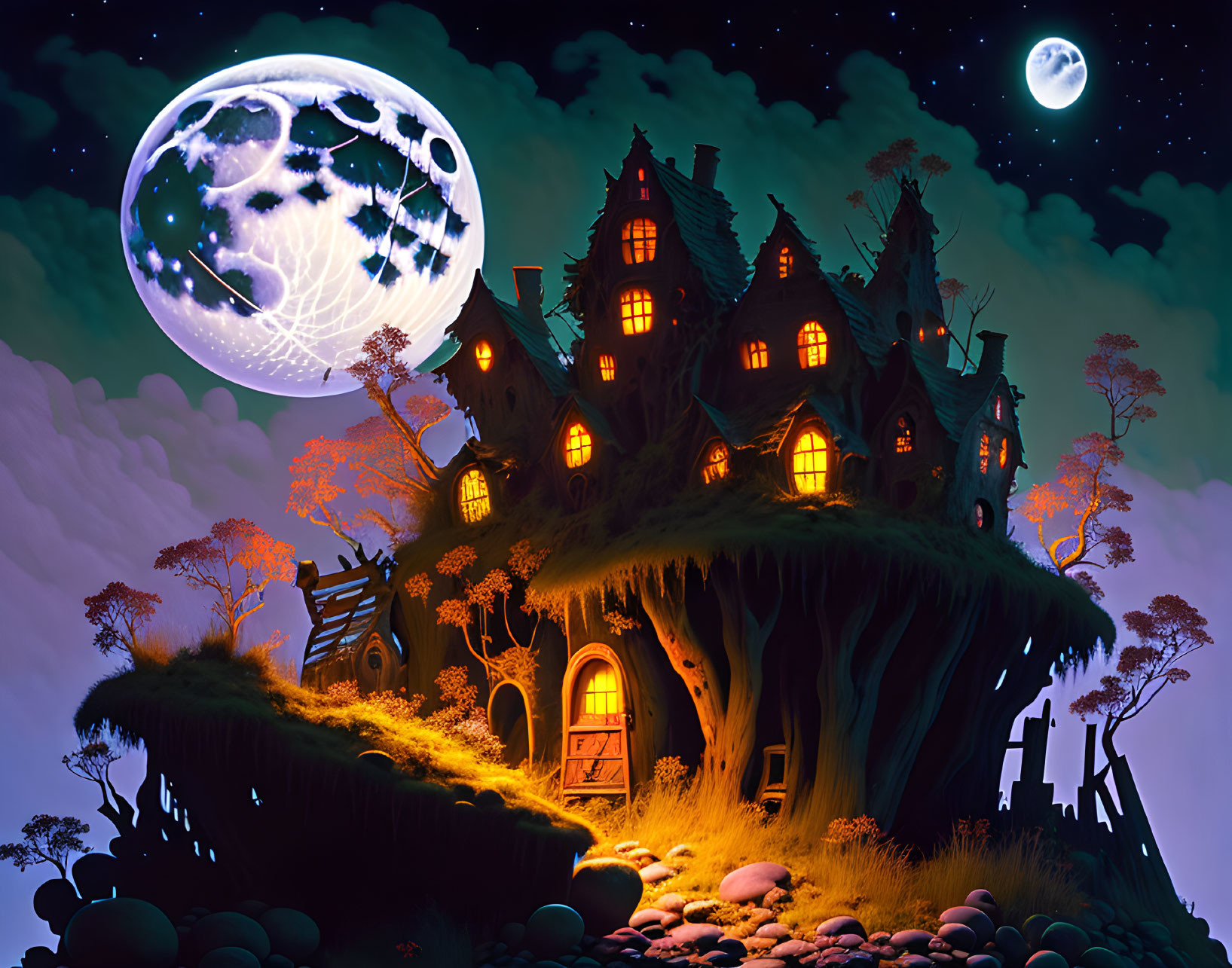 Whimsical haunted house illustration on eerie hill at night