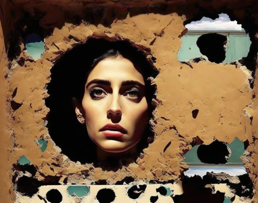 Intense-eyed woman's face in textured perforated surface against dark background