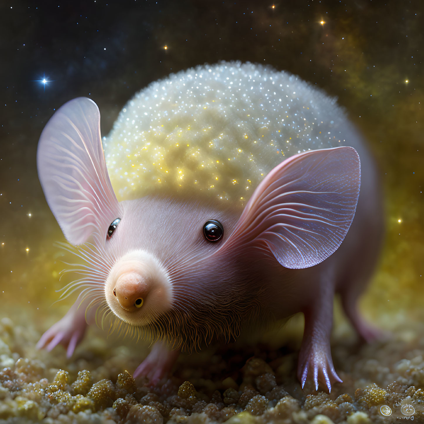 Illustration: Hedgehog-bodied creature with starry sparkle and mouse head.