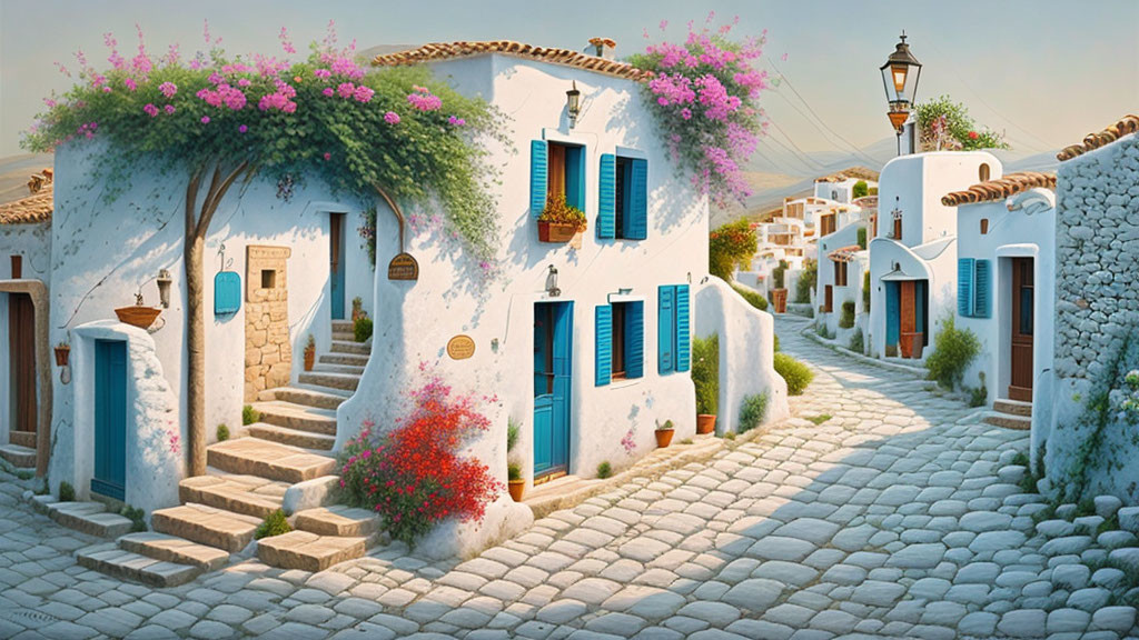 Traditional sunlit street with white houses, blue shutters, cobblestones, and pink flowers