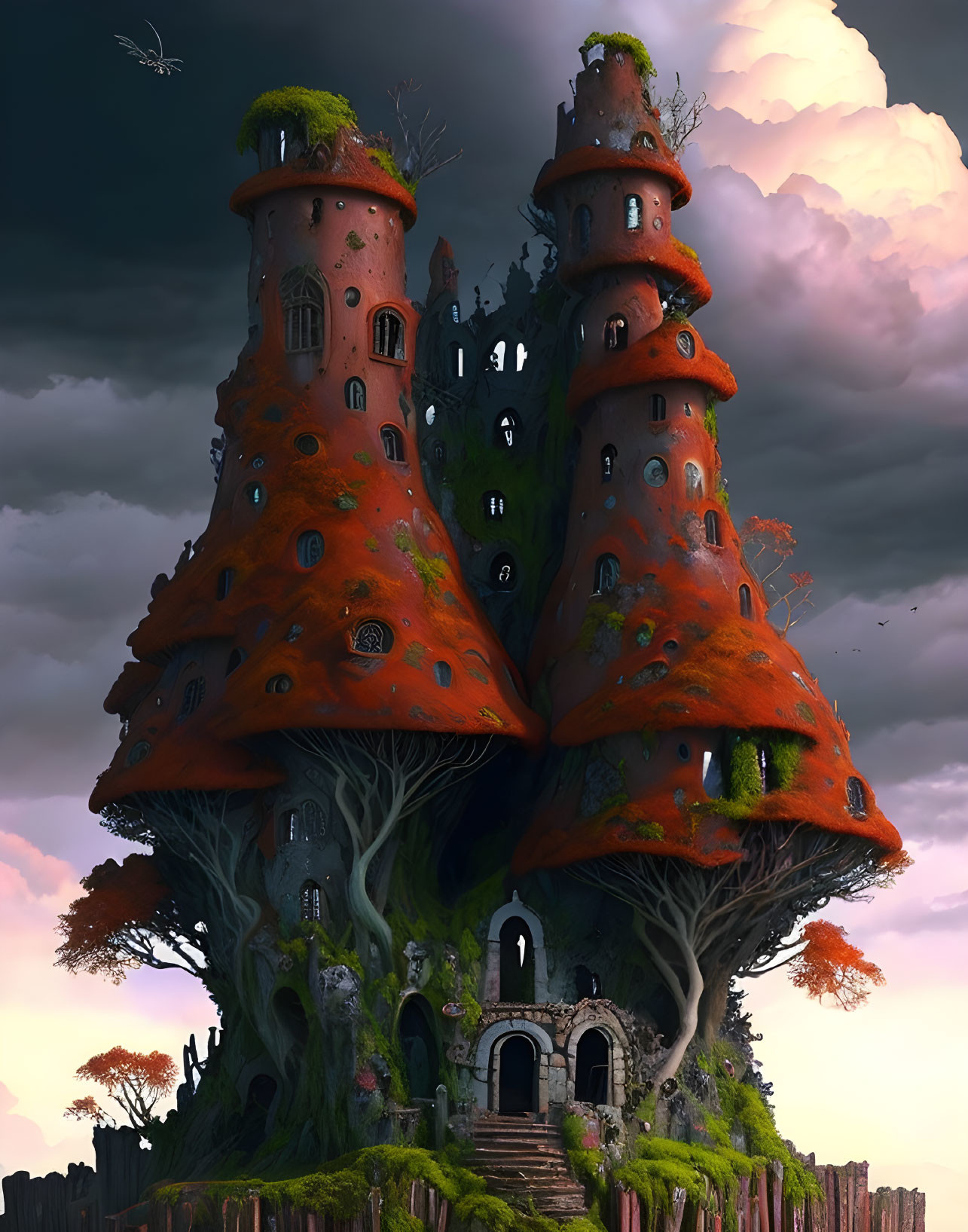 Fantasy Art: Towering Mushroom Buildings at Twilight