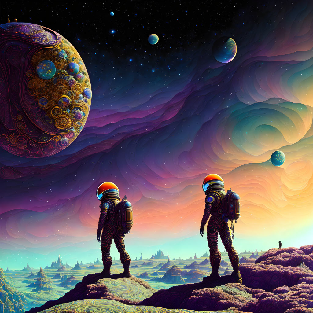 Astronauts on alien landscape with colorful skies