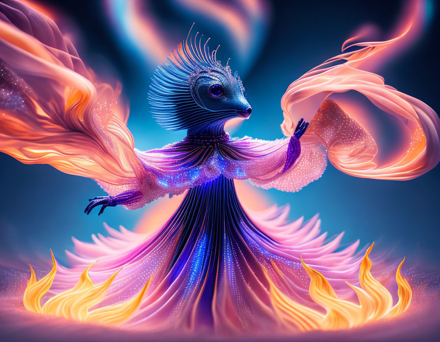 Colorful mythical bird with fiery wings and iridescent feathers in swirling flames