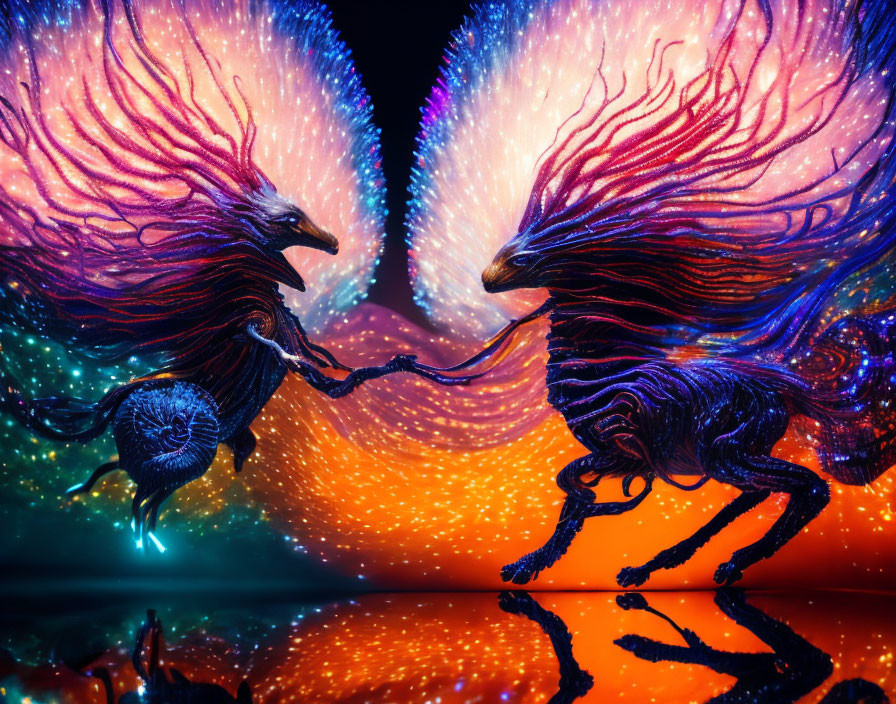 Colorful mythical creatures with frilled heads mirrored against cosmic backdrop