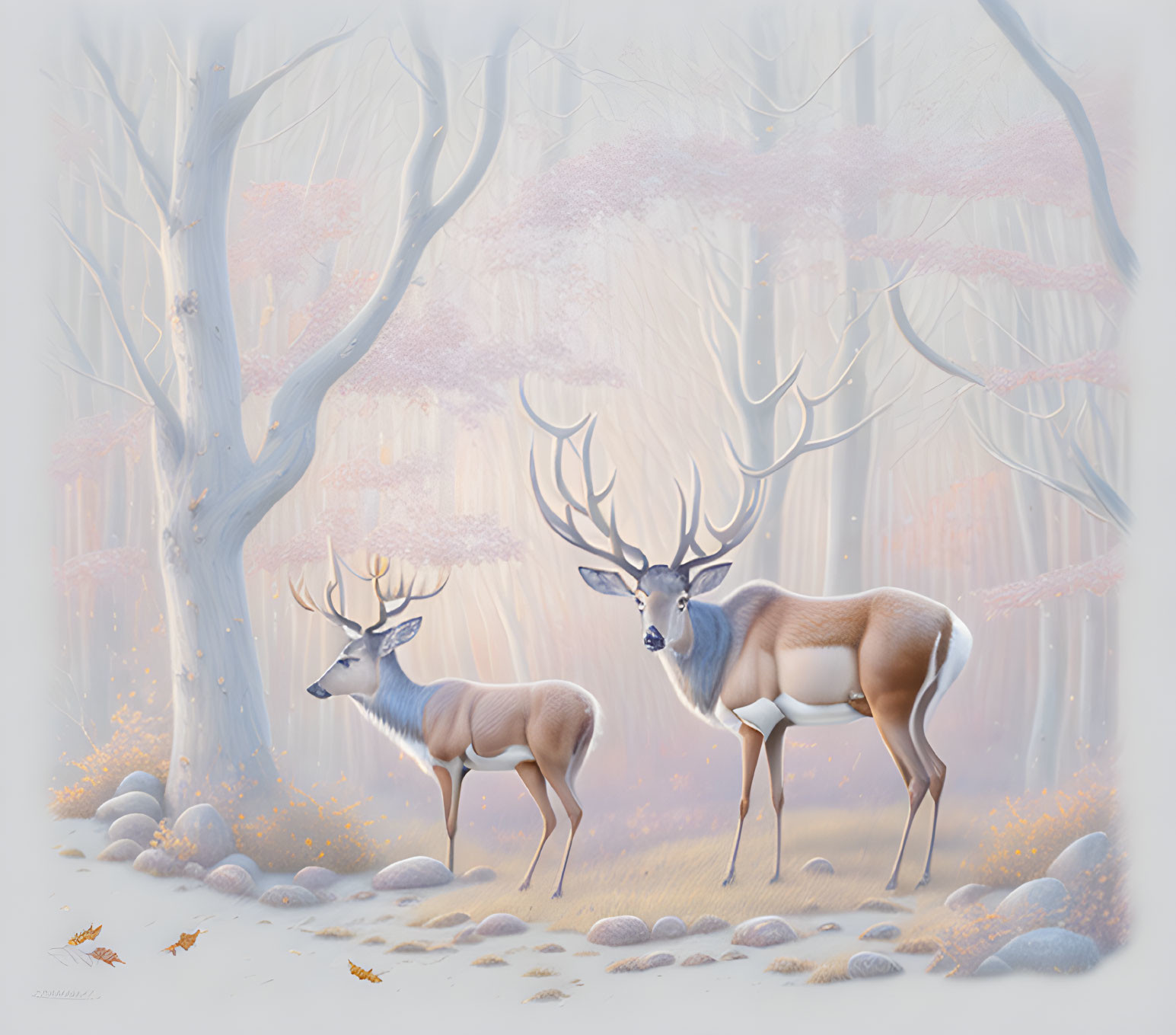 Mystical forest scene with elegant deer and pink foliage