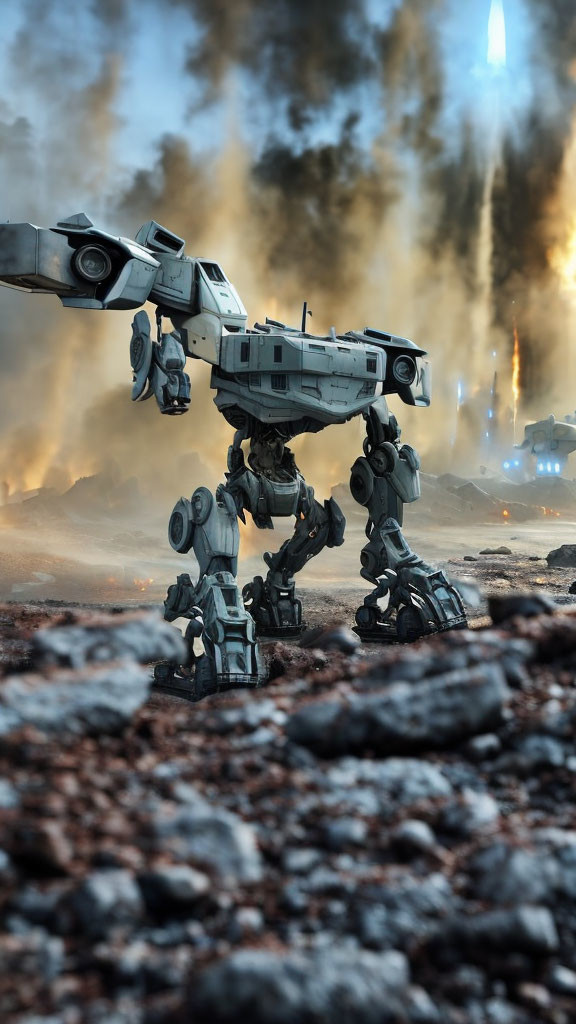 Futuristic robotic walker on rocky terrain with explosions and rocket launch