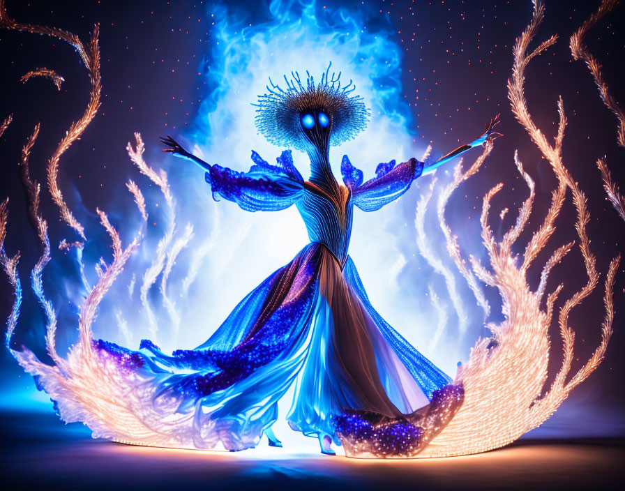 Mystical figure with large eye in fiery and starry setting