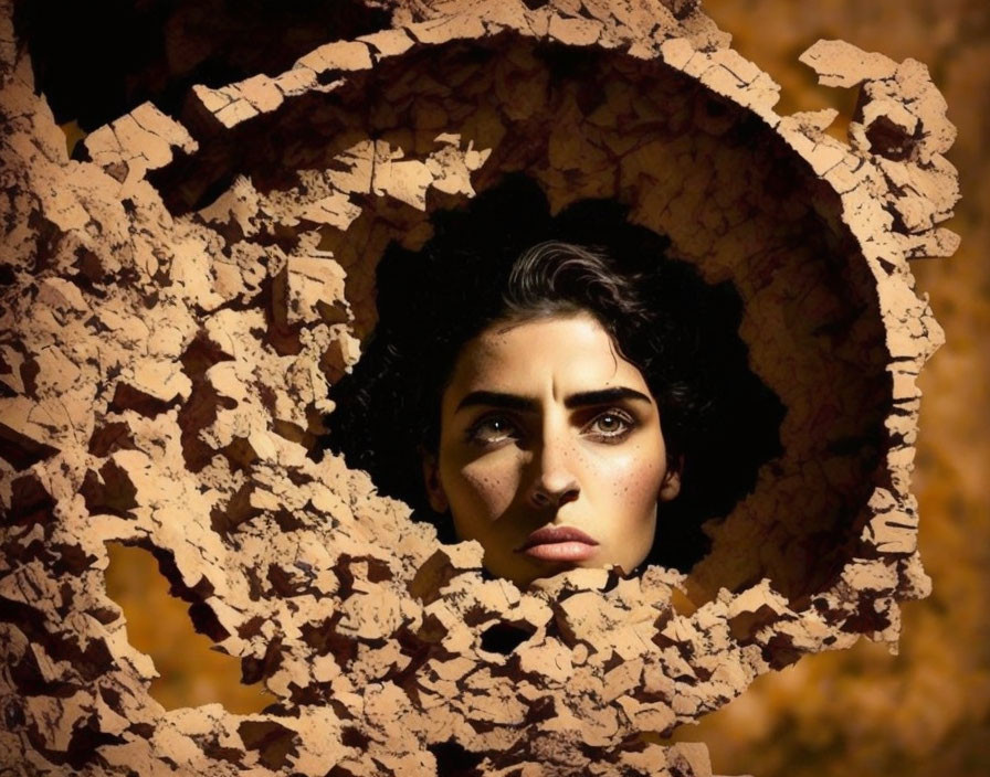 Circular Opening Frames Woman's Face on Textured Earthy Surface