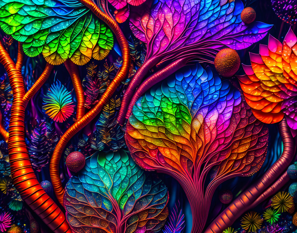 Colorful digital art with metallic floral patterns