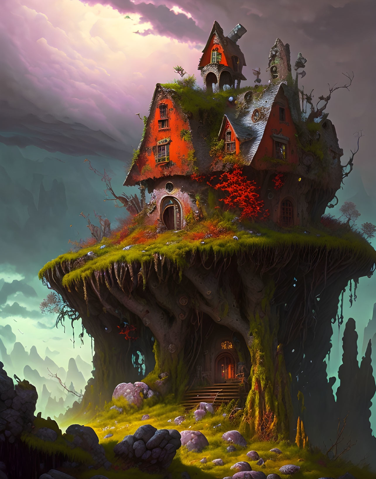 Fantastical treehouse with orange roofs on giant tree stump under purple sky