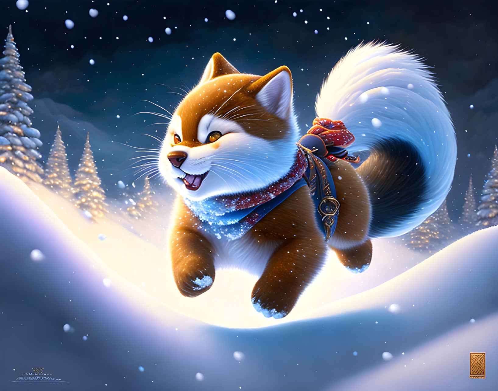 Animated dog running in snowy night landscape with festive attire