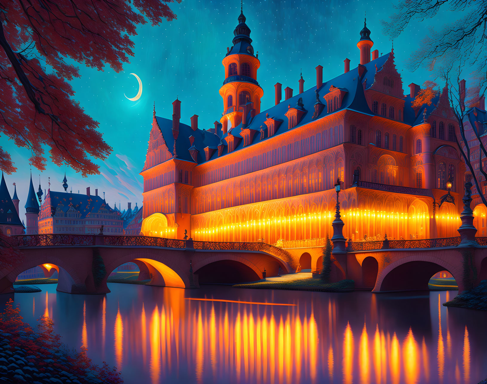 Castle-like Building with Arched Bridges Over Tranquil River at Twilight