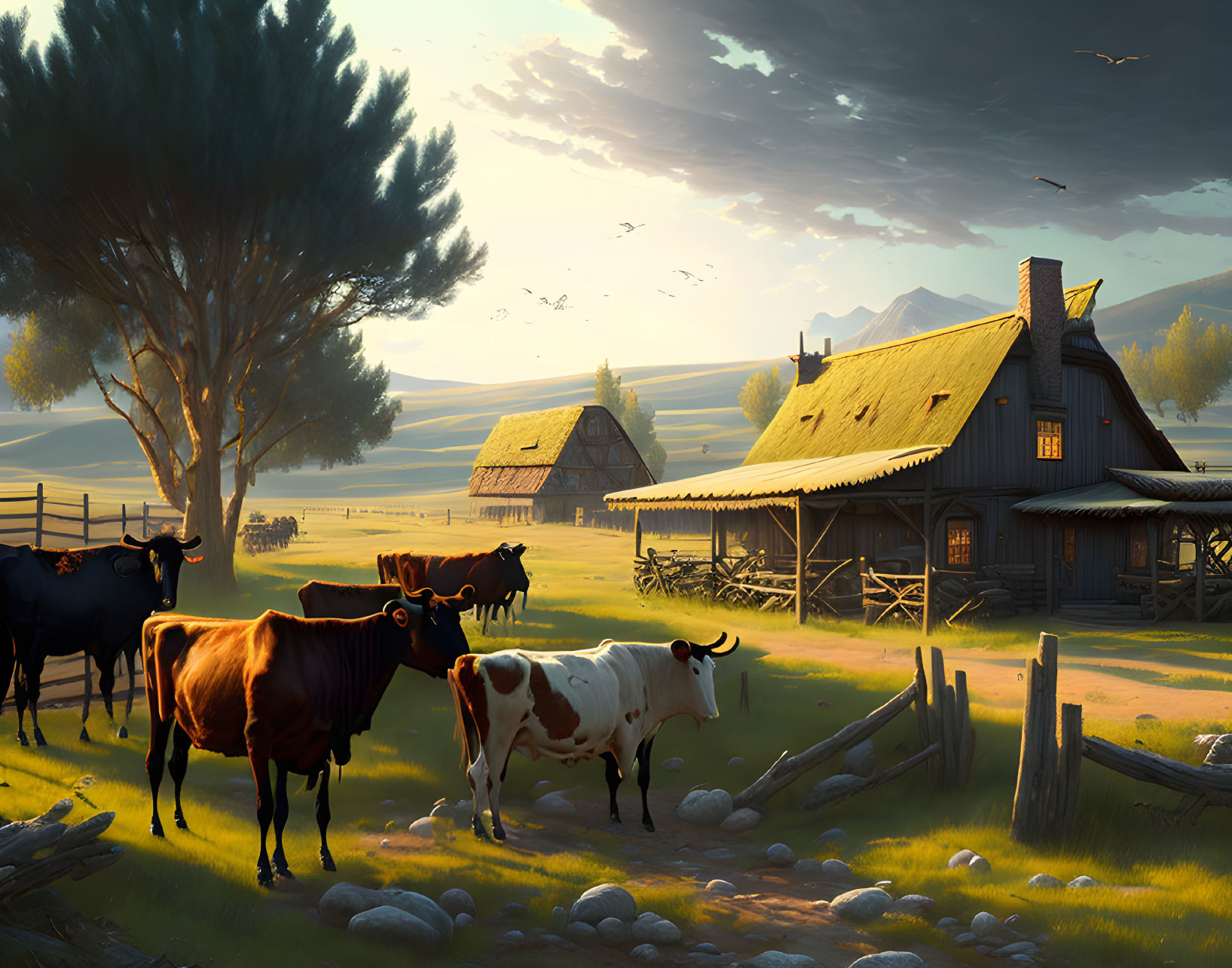 Rural landscape with cows, houses, tree, and birds on sunny day