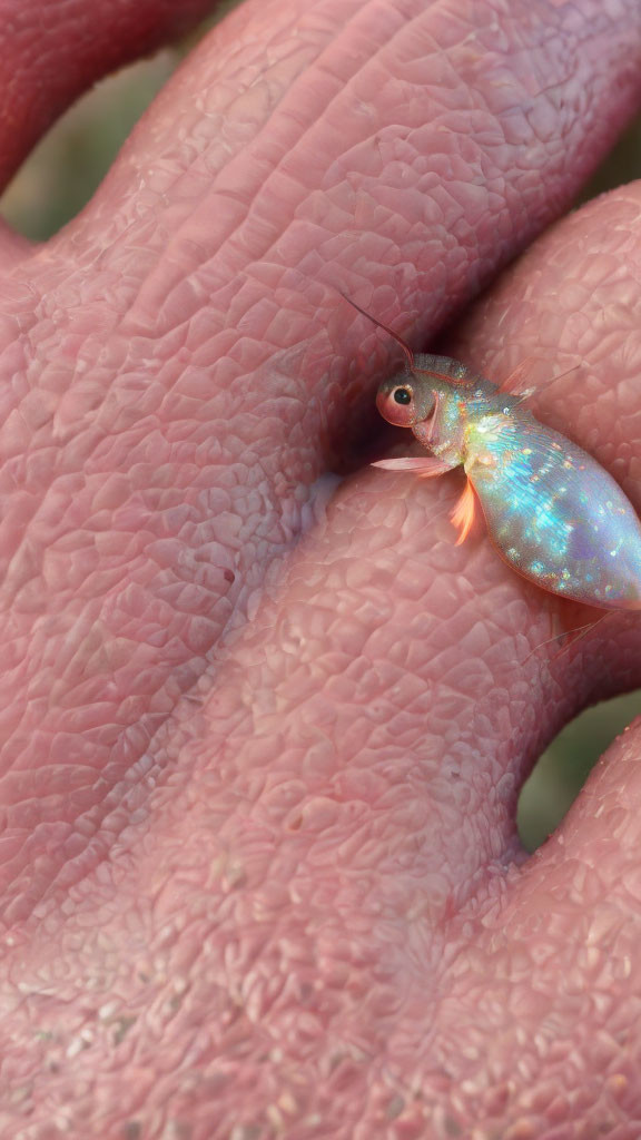 Iridescent insect on human palm displaying shimmering body