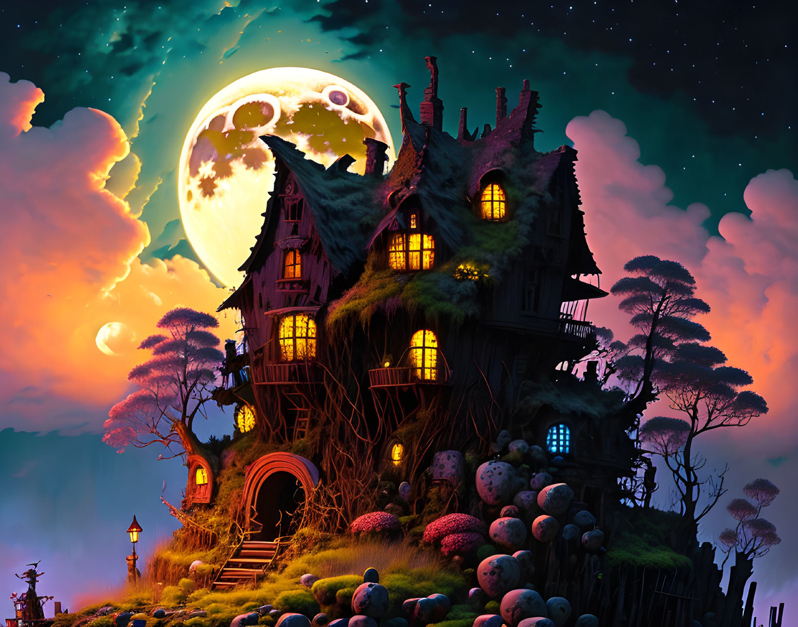 Eerie fantasy house on hill under full moon