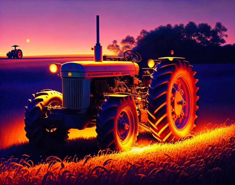 Vintage Tractors in Field at Sunset with Vibrant Sky