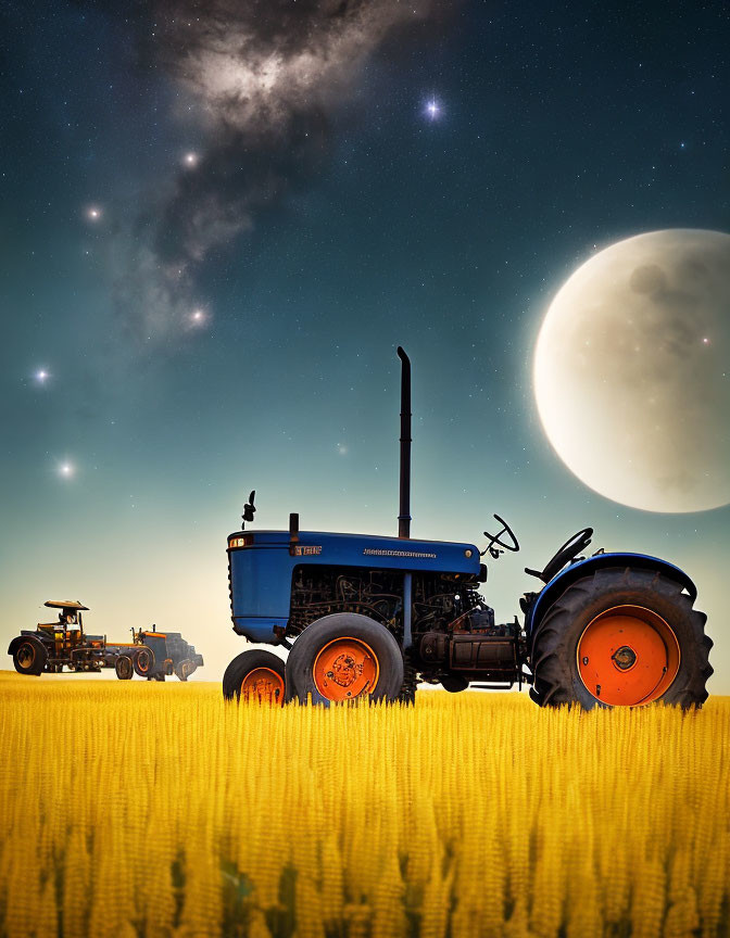 Golden wheat field with two tractors under twilight sky