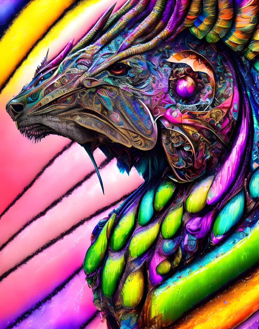 Colorful Dragon with Iridescent Scales and Mystical Orb on Rainbow Background