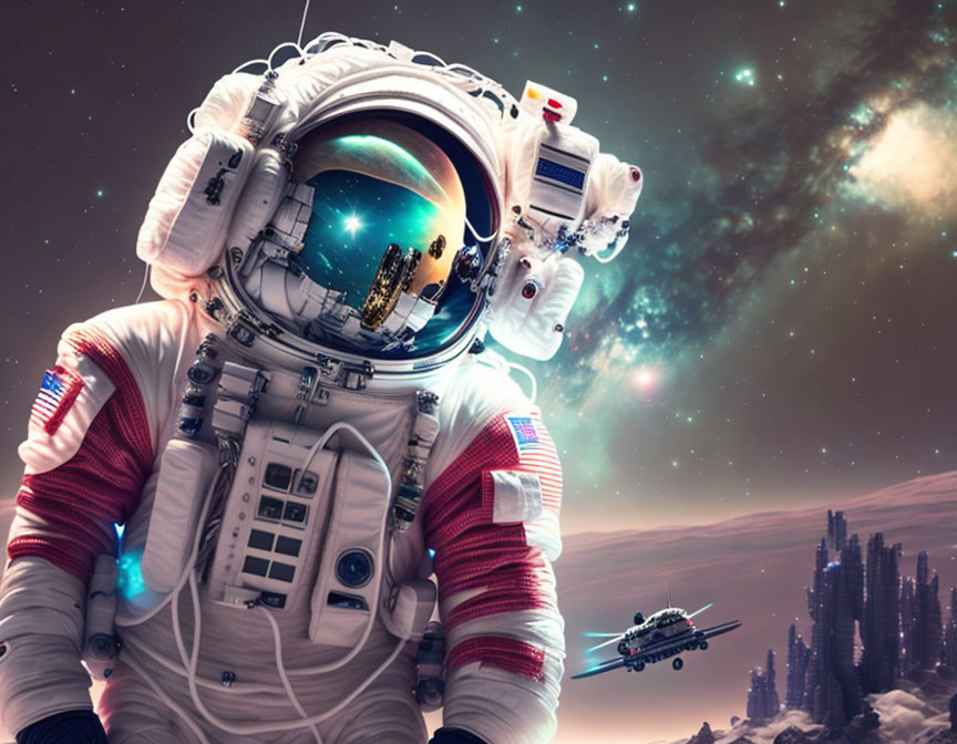 Detailed astronaut in spacesuit with American flag patches floating in cosmic backdrop.