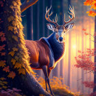 Majestic stag with large antlers in autumn forest landscape