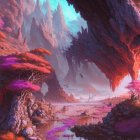 Vibrant pink-hued forest, towering rocks, tranquil river in mystical landscape