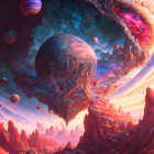 Vibrant Digital Artwork: Alien Landscape with Towering Rock Formations