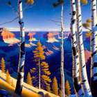 Night scene with white-barked trees and canyon mesas under starry sky