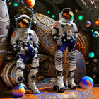 Astronauts in detailed spacesuits on futuristic spacecraft among colorful planets