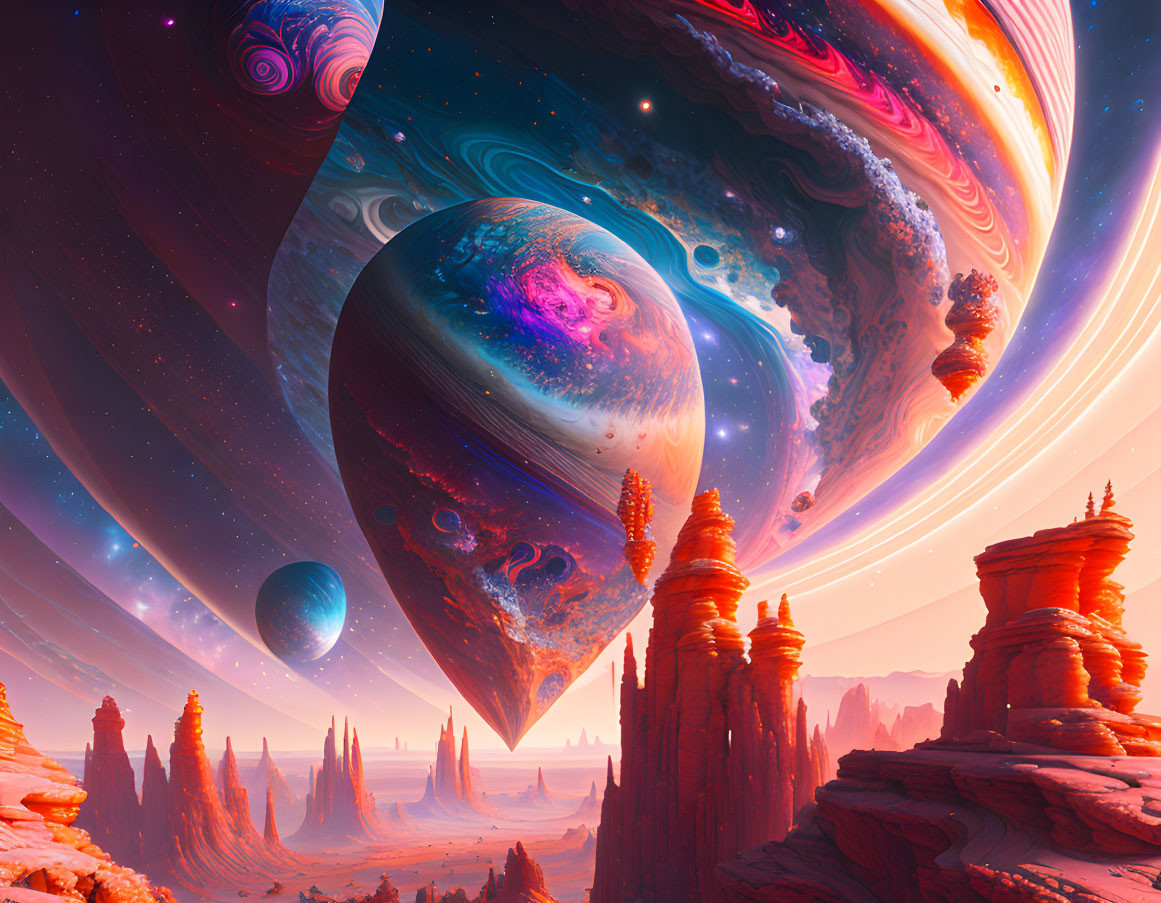 Vibrant Digital Artwork: Alien Landscape with Towering Rock Formations