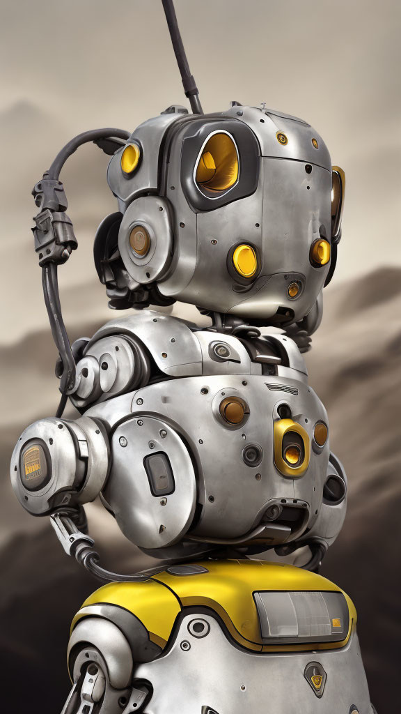 Retro-futuristic humanoid robot with metallic body and yellow glass panels in desert setting