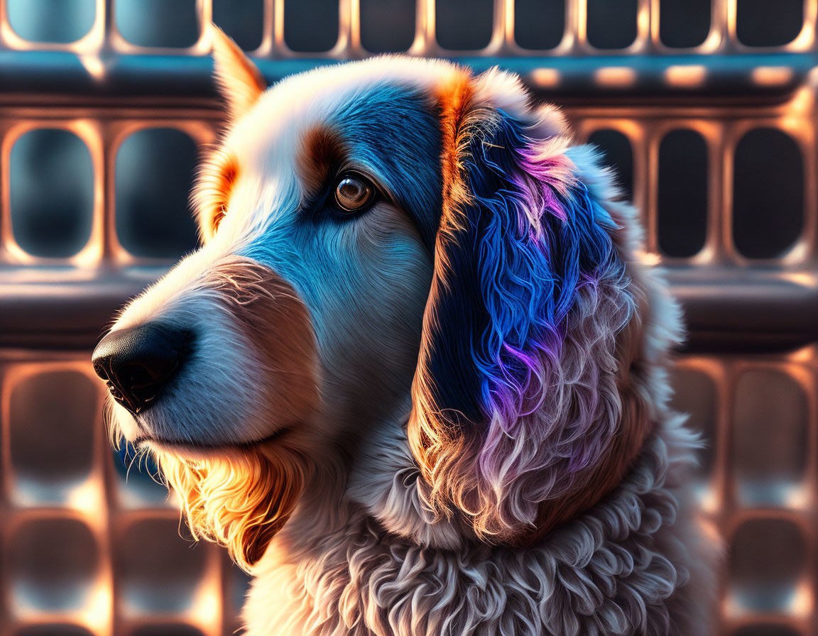 Colorful close-up of a dog with blue and purple fur, set against geometric background.