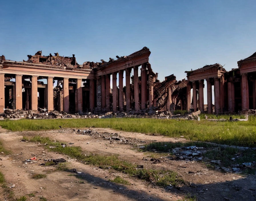 Ancient classical building ruins with columns under clear blue sky