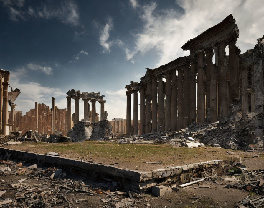 Ancient columns ruins under dramatic sky with scattered debris.