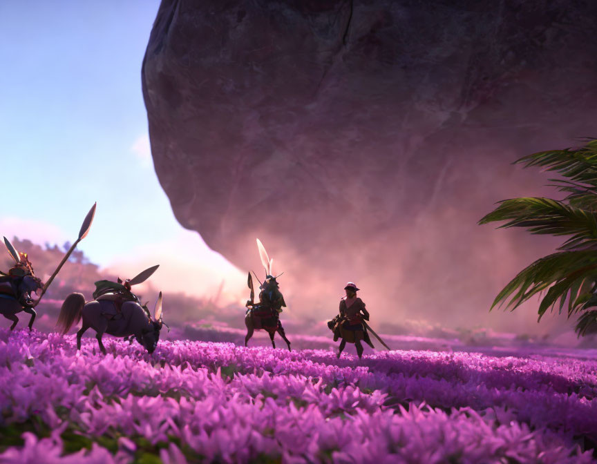 Warrior characters with spears in vibrant purple field at dusk