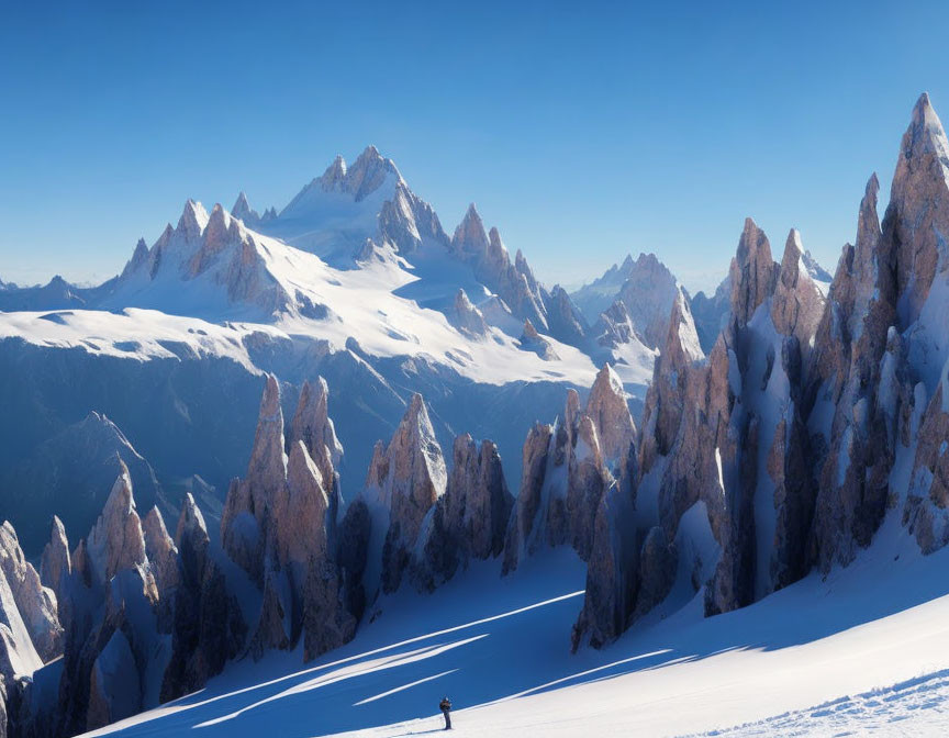 Figure in Snowy Landscape with Towering Peaks