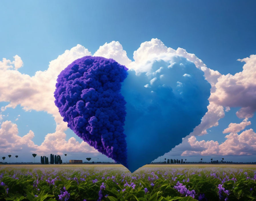 Heart-shaped blue sky and purple flowers in meadow under cloudy sky