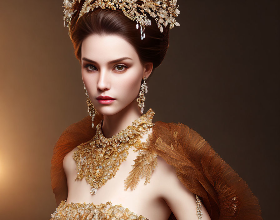 Regal Woman in Gold Adornments on Brown Background