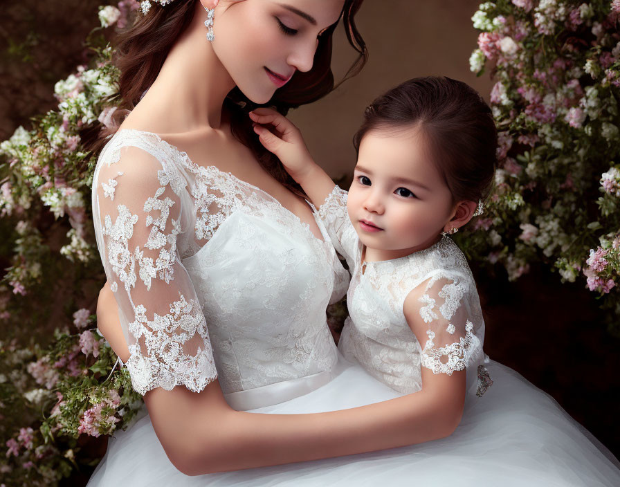 Bride and girl in matching lace dresses with pink flowers