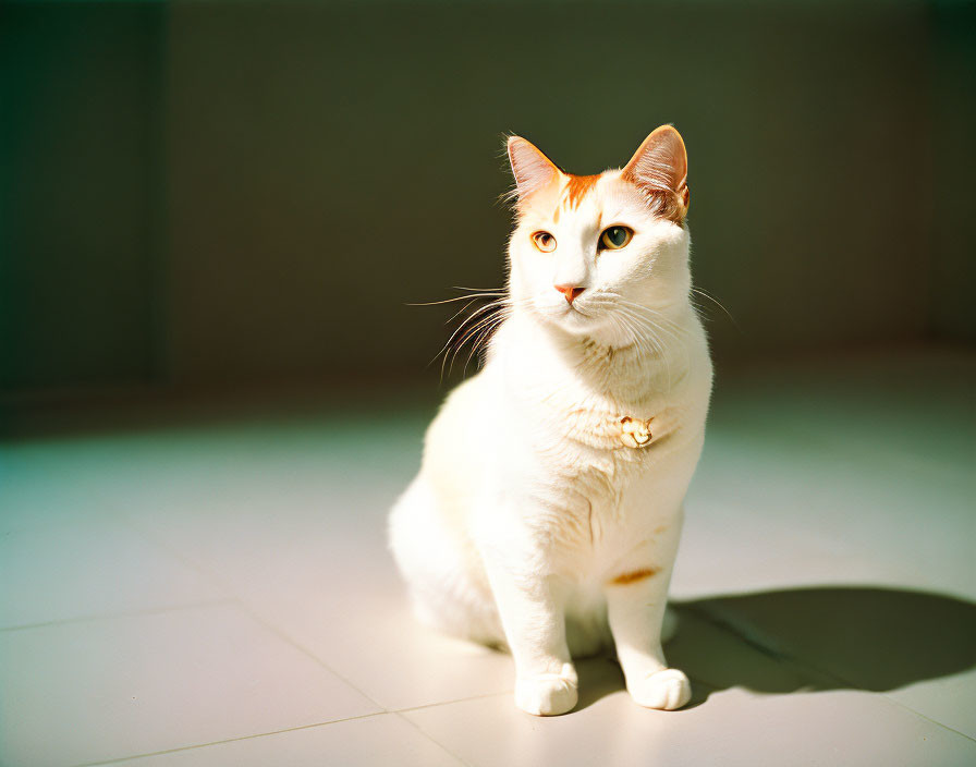 White Cat with Orange Markings Wearing Collar in Sunlit Room