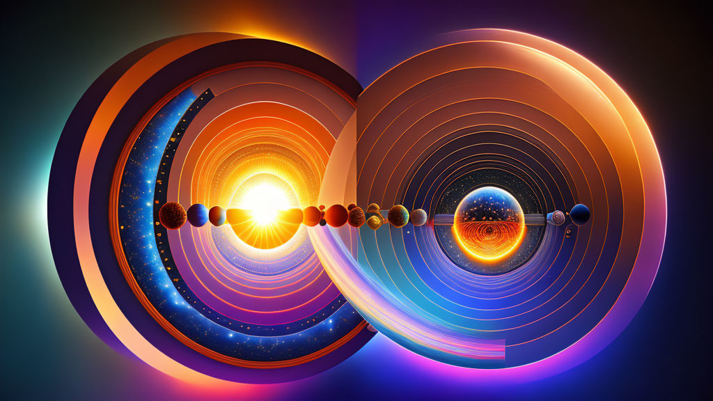 Symmetrical Digital Artwork: Concentric Circles, Planets, Radiant Light, Colorful